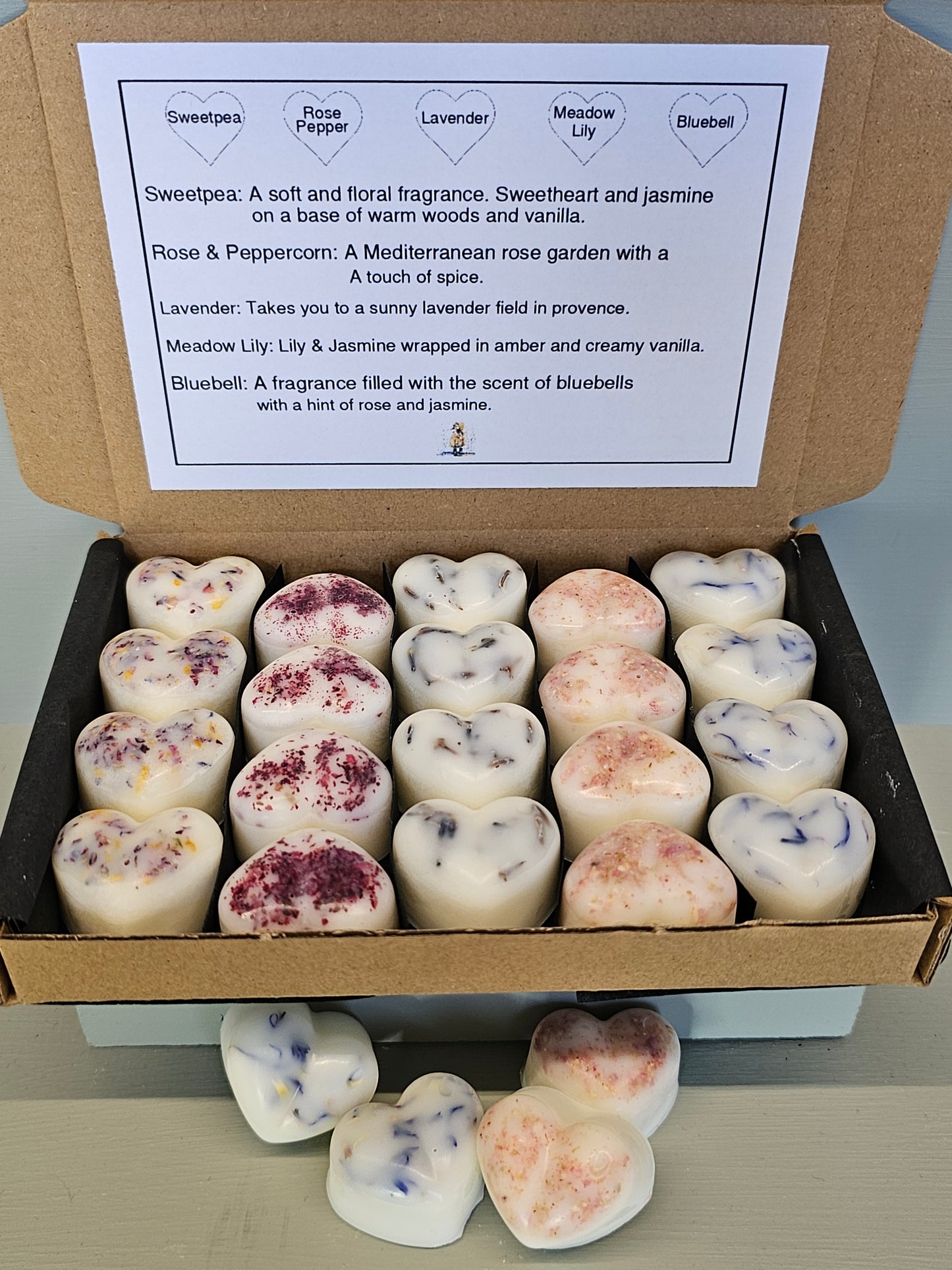 Floral Collection of 20 heart wax melts in gift box
