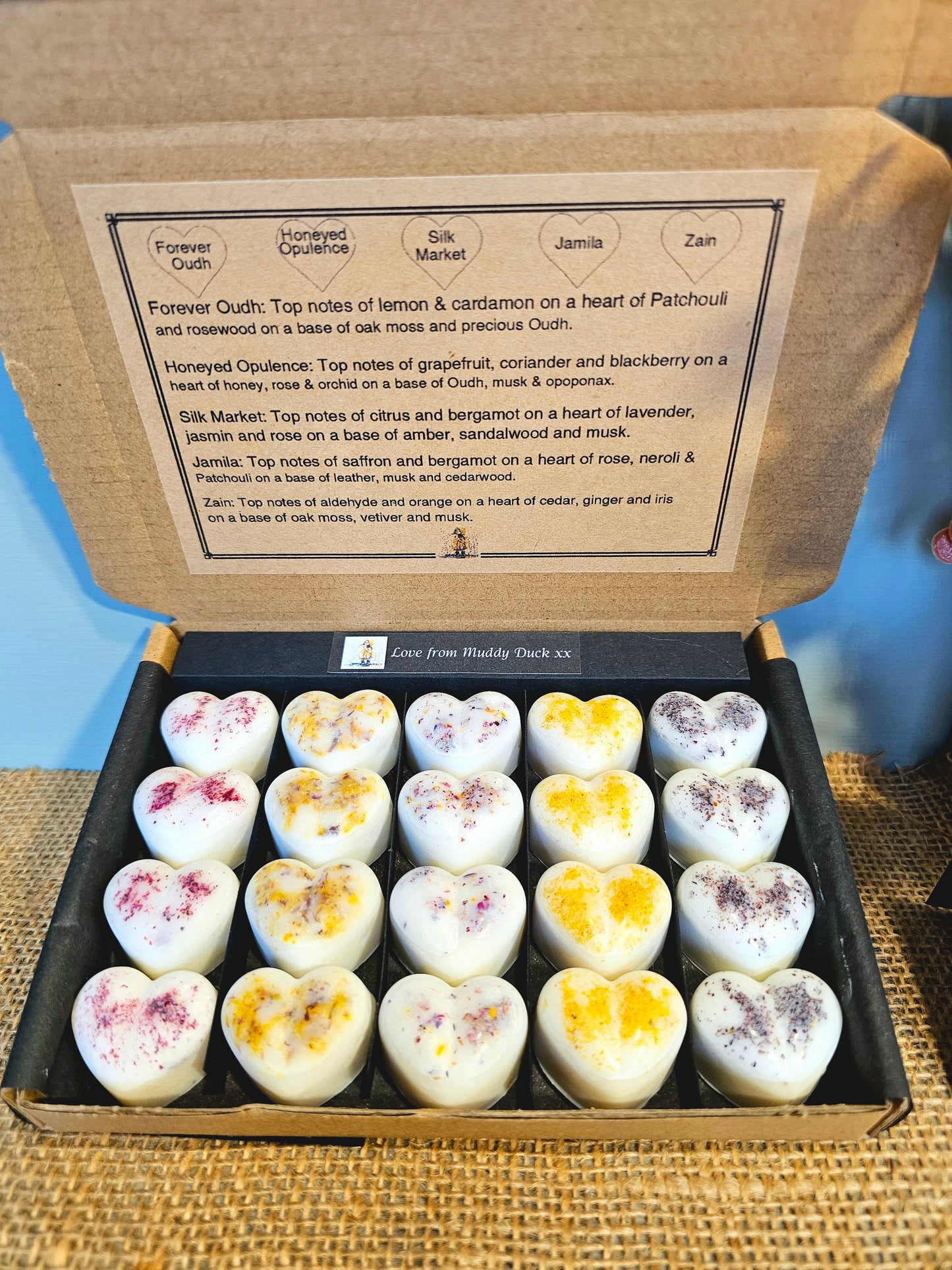 Eastern Promise Collection of 20 botanical heart wax melts in gift box