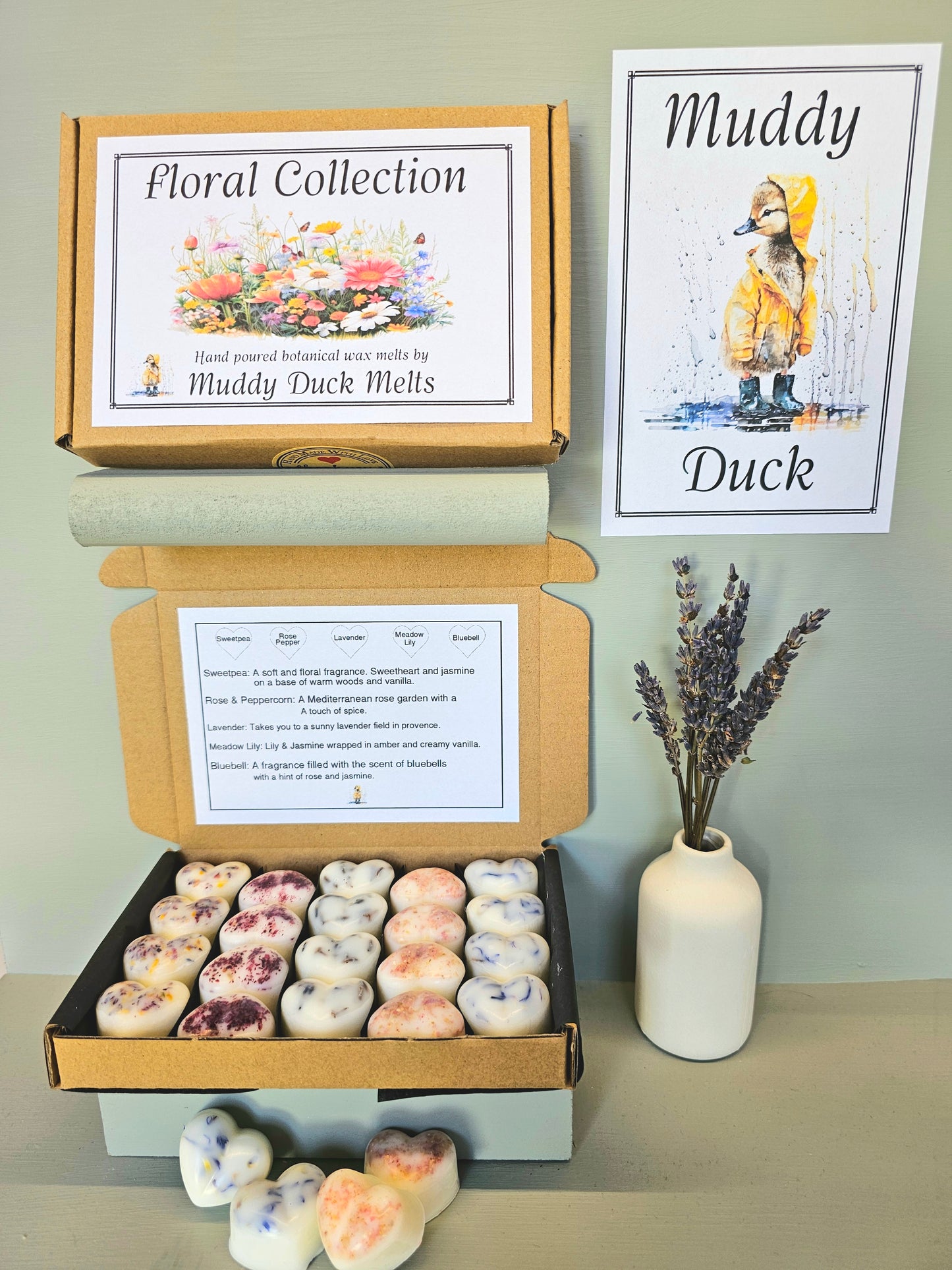Floral Collection of 20 heart wax melts in gift box