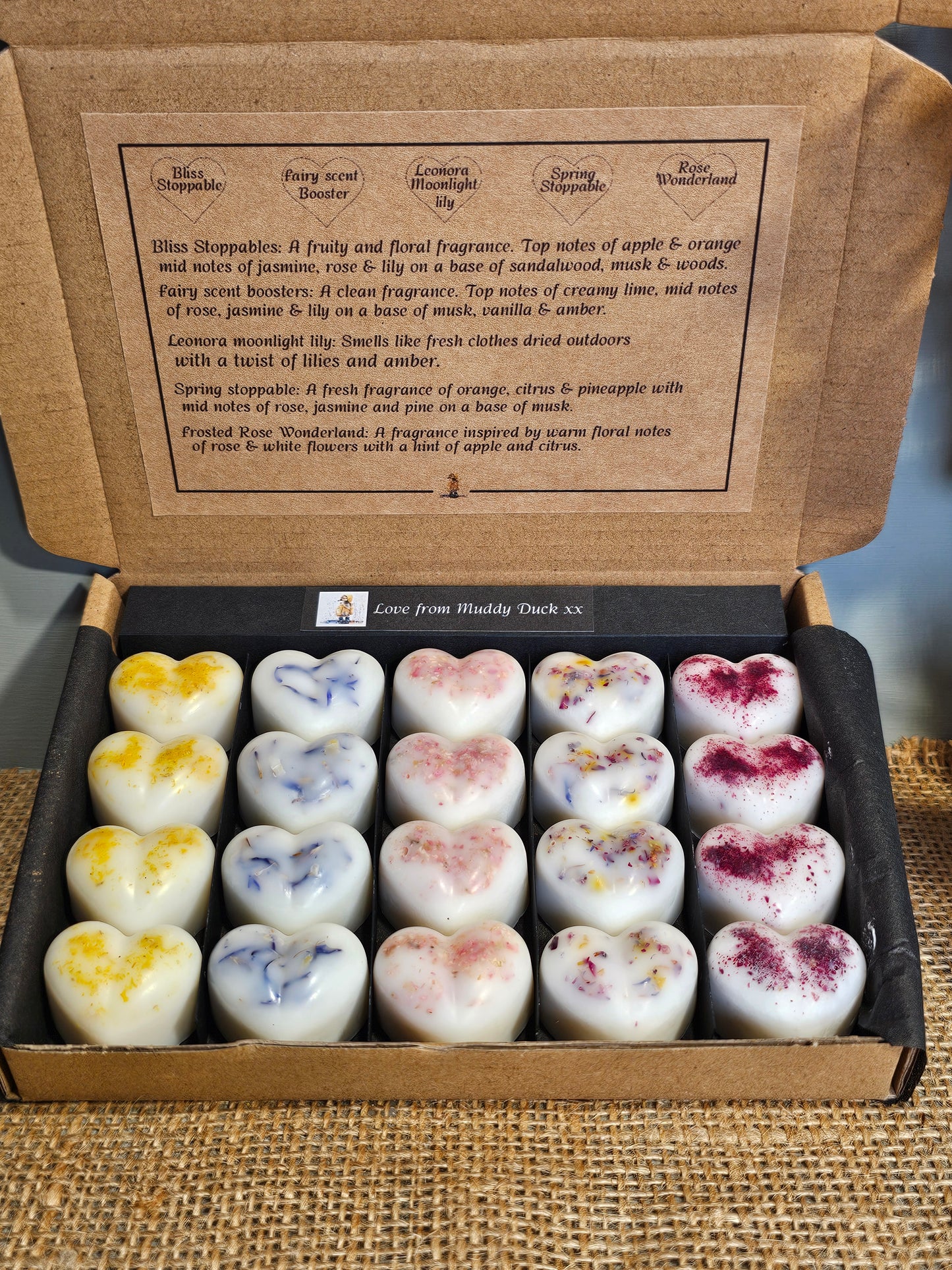 Laundry Day collection of 20 botanical heart wax melts in gift box