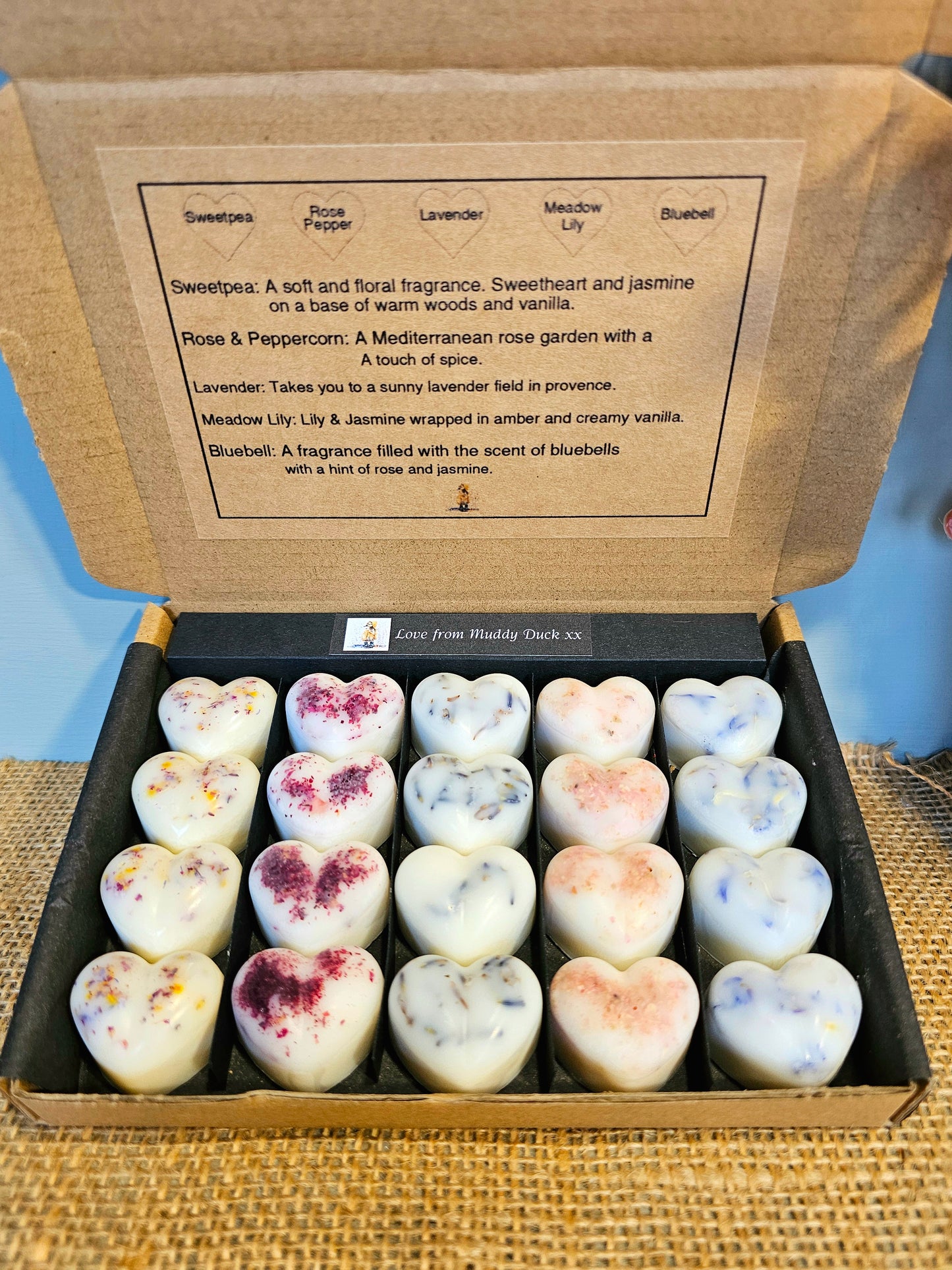 Floral Collection of 20 heart wax melts in gift box