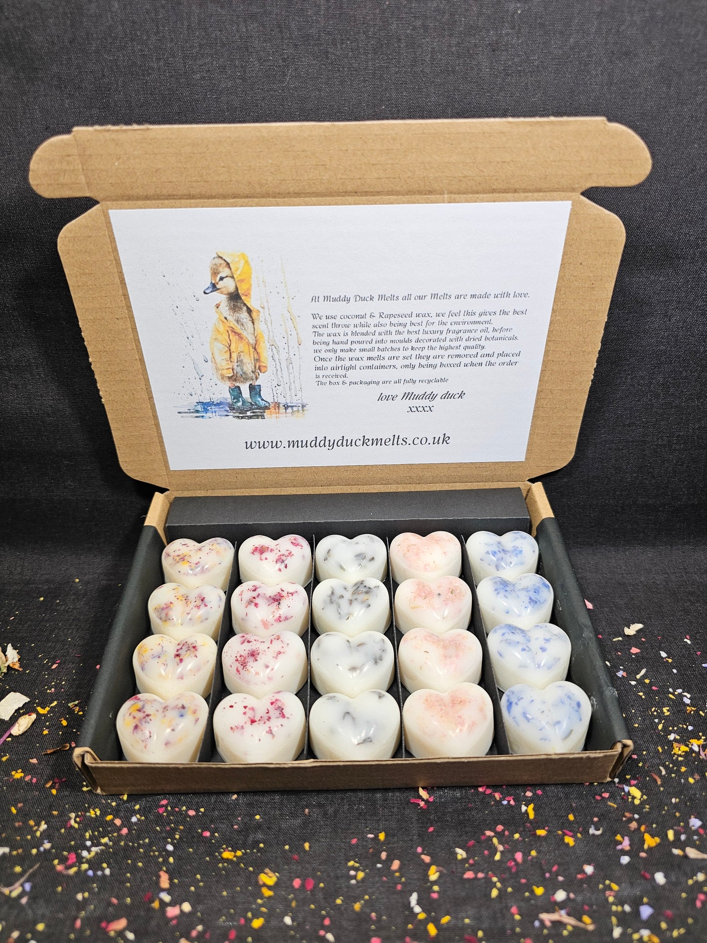 Floral Collection of 20 heart wax melts in gift box