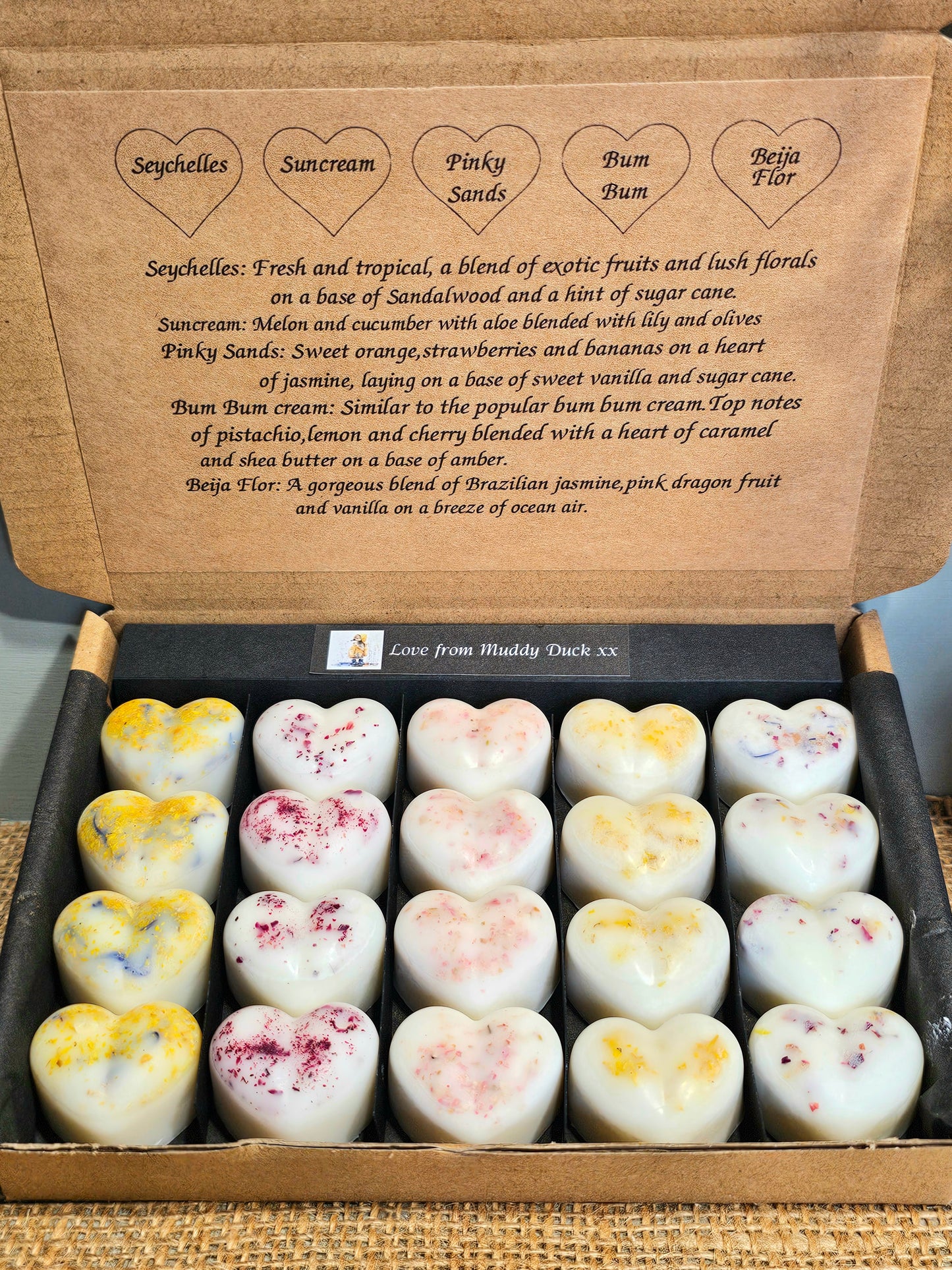 Summer Holiday Collection of 20 heart wax melts in gift box
