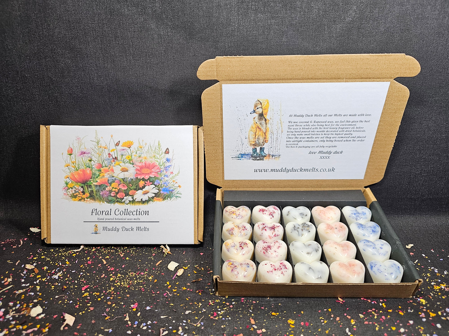 Floral Collection of 20 heart wax melts in gift box
