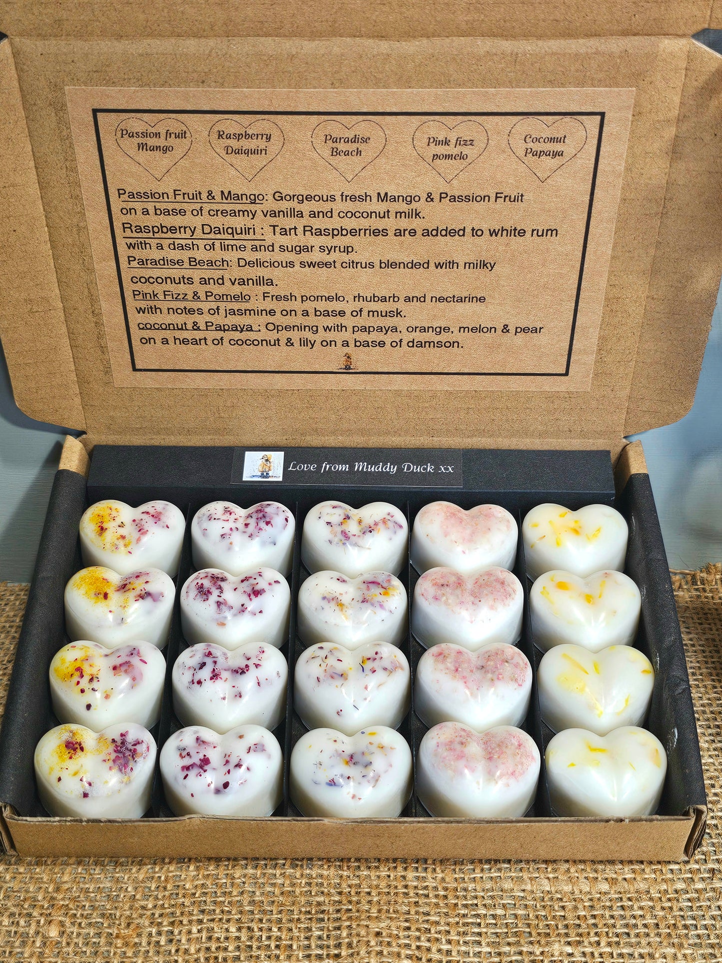 Summer collection of 20 heart wax melts in gift box